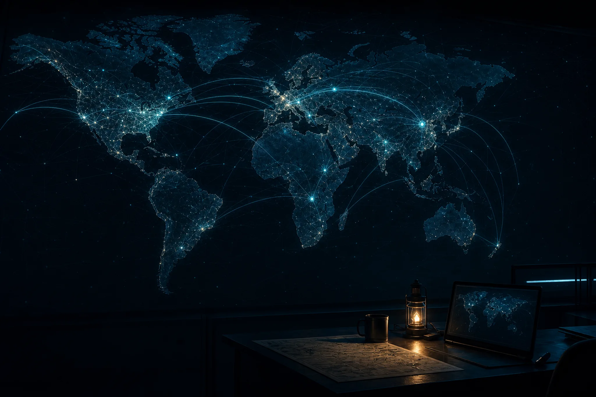 Dark operations desk with a warm lantern before a glowing world map of response nodes and logistics arcs