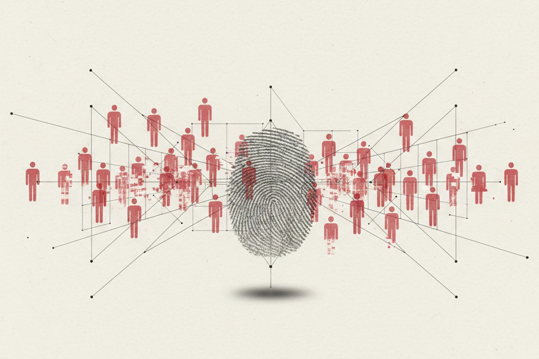 A single human silhouette at the centre of many near-identical synthetic identities dissolving into a precise digital grid, graphite on off-white paper with one restrained signal-red accent.