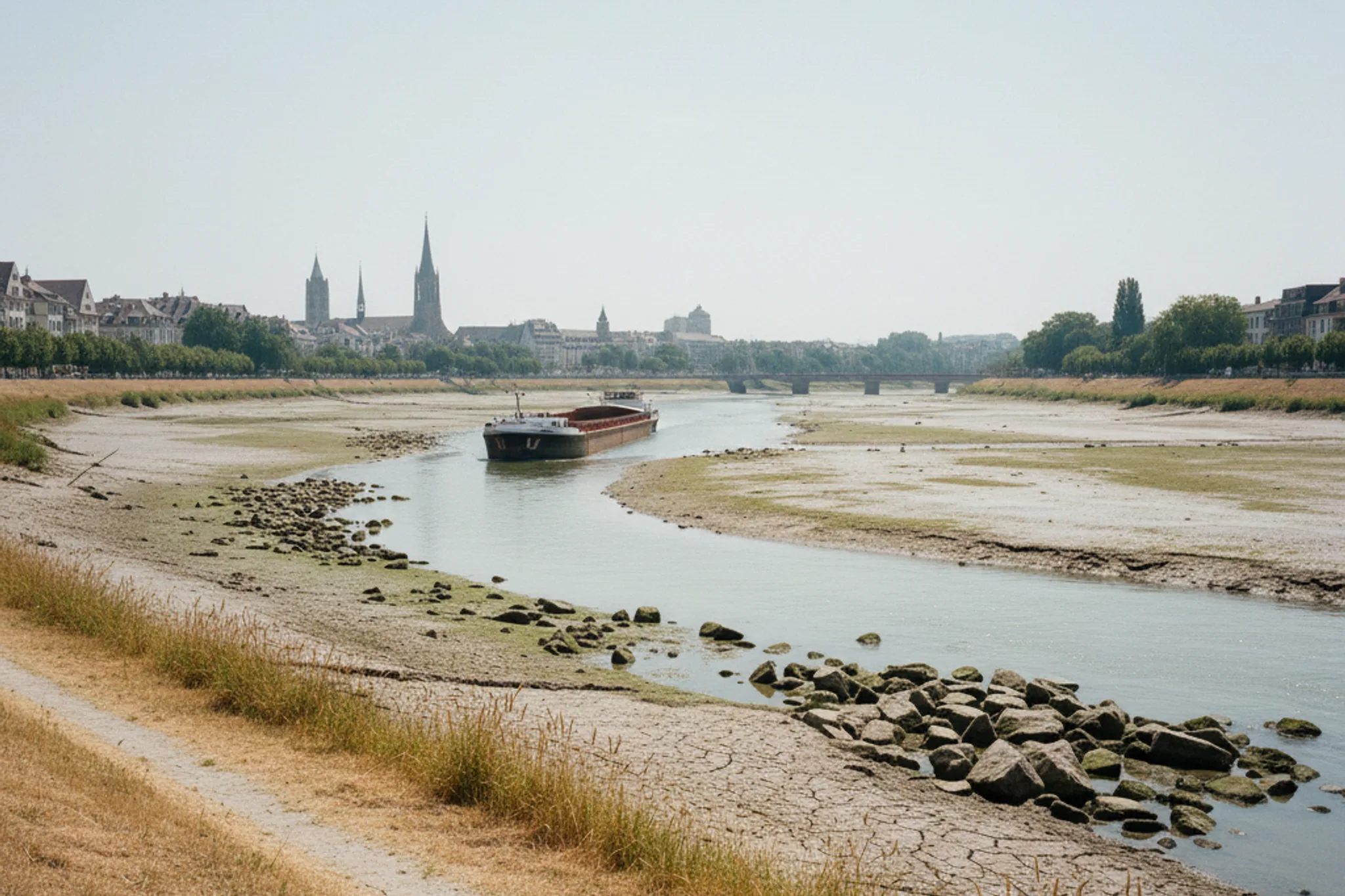 Low Rhine at Basel in a dry summer: exposed riverbank stones, a partially loaded cargo barge in the shallow channel, heat-stressed brown grass, and the city faint in hazy distance.