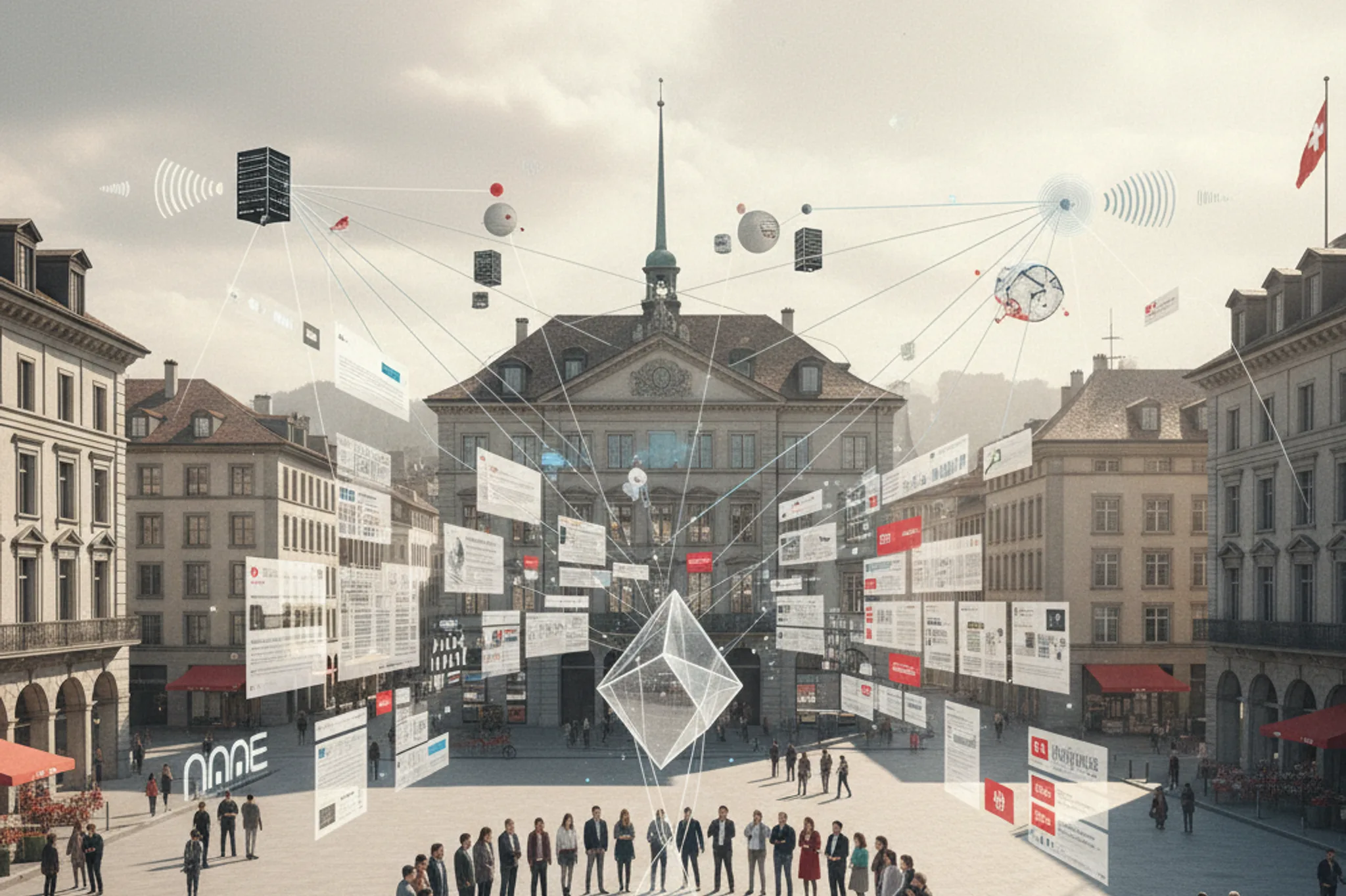 Elevated view of a Swiss public square where people stand close yet each is wrapped in translucent information layers, with a clear glass prism at the centre receiving fragmented signals and thin network lines fading toward distant infrastructure on the horizon